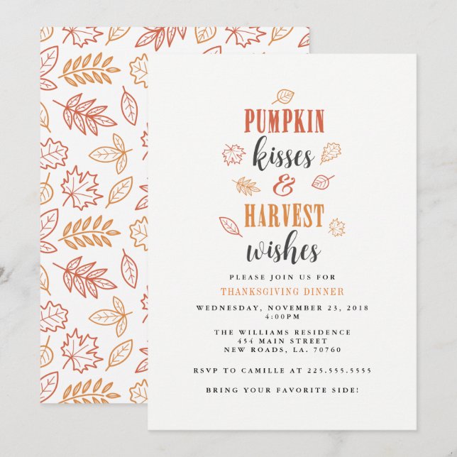 Invitación Fiesta de Acción de Gracias Pumpkin Kisses & Harve (Anverso / Reverso)