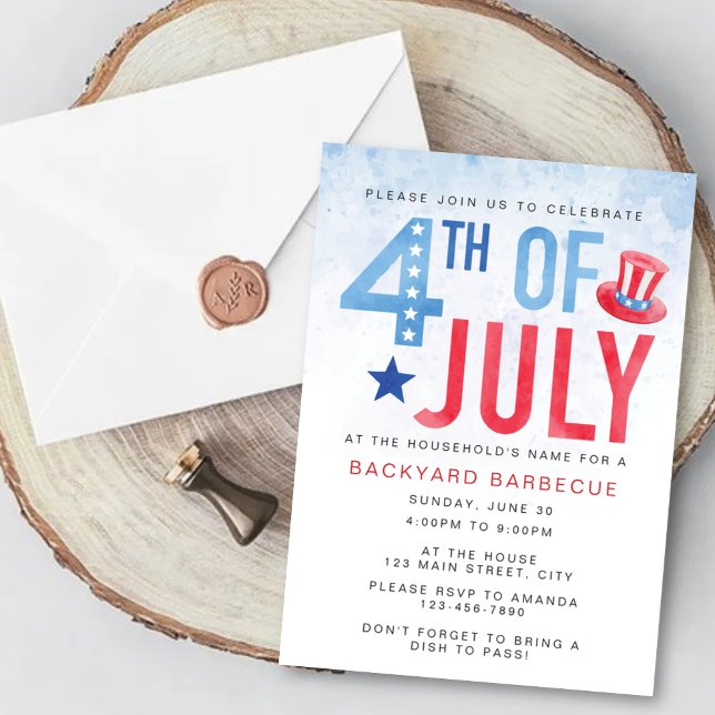 Invitación Fiesta de acuarela azul de presupuesto de 4 de jul (Subido por el creador)