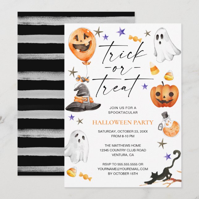 Invitación Fiesta de acuarela de Halloween (Anverso / Reverso)