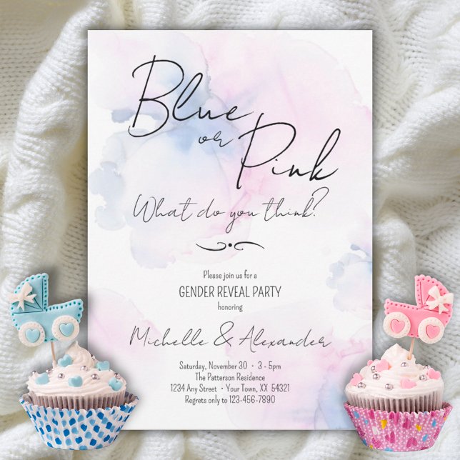 Invitación Fiesta de acuarela elegante rosa azul revelado por (Gender Reveal Blue or Pink Elegant Watercolor Party Invitation)