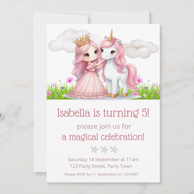 Invitación Fiesta de acuarela floral Princesa y unicornio (Anverso)