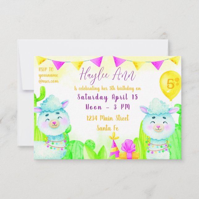 Invitación Fiesta de acuarela Llamas fiesta de cumpleaños 5 d (Anverso)