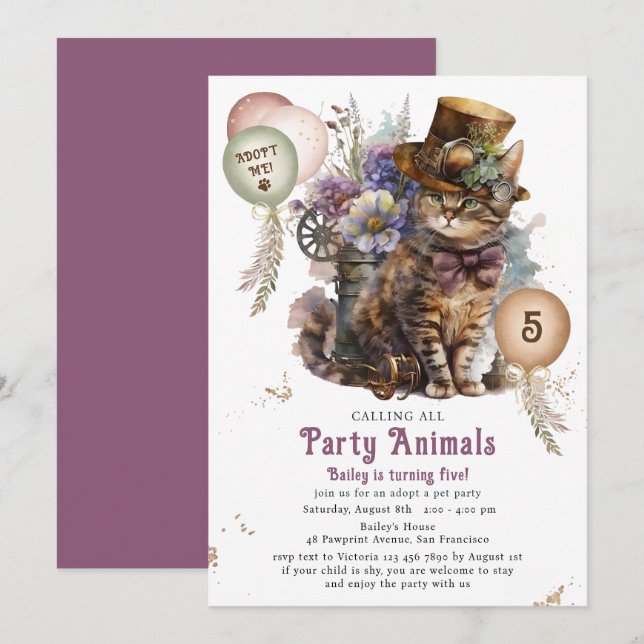 Invitación Fiesta de adopción de gatito steampunk para el 5º  (Anverso / Reverso)