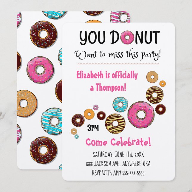 Invitación Fiesta de Adopción Fiesta de Donut Rosa Moderno (Anverso / Reverso)