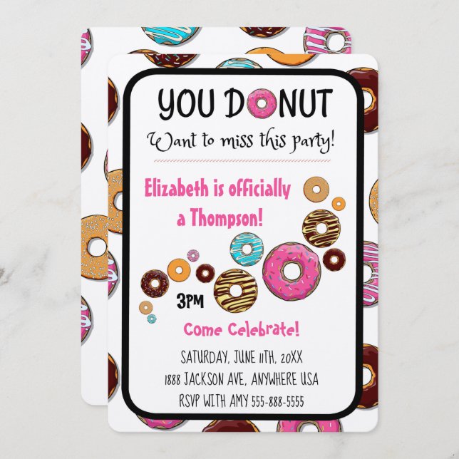 Invitación Fiesta de Adopción Fiesta de Donut Rosa Moderno (Anverso / Reverso)