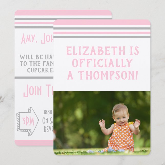 Invitación Fiesta de adopción franjas rosadas y grises modern (Anverso / Reverso)