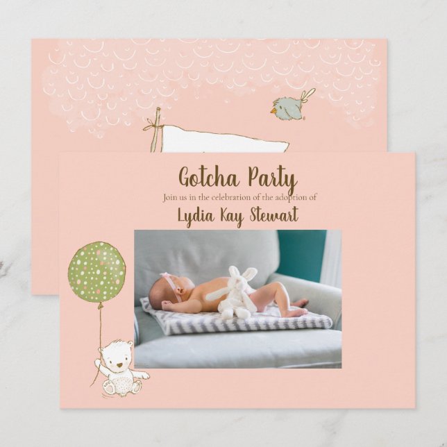 Invitación Fiesta de adopción "Gotcha" Fiesta para la Persona (Anverso / Reverso)