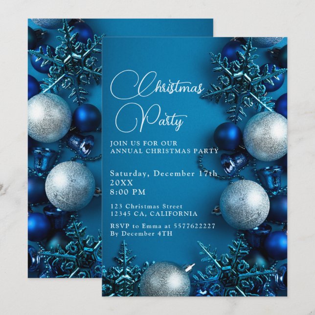 Invitación Fiesta de adorno de árbol de Navidad azul (Anverso / Reverso)