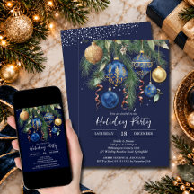 Fiesta de adornos de Navidad dorados y azules
