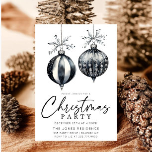 Invitación Fiesta de adornos de Navidad modernos en blanco y 
