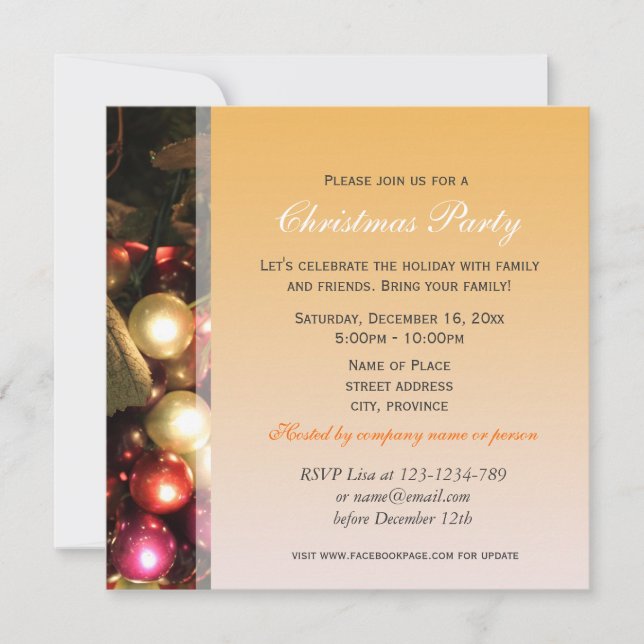 Invitación fiesta de adornos decorativos de Navidades amarill (Anverso)