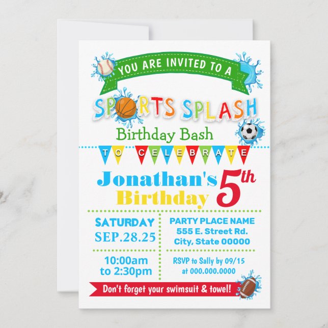 Invitación Fiesta de agua de verano con salpicaduras deportiv (Anverso)