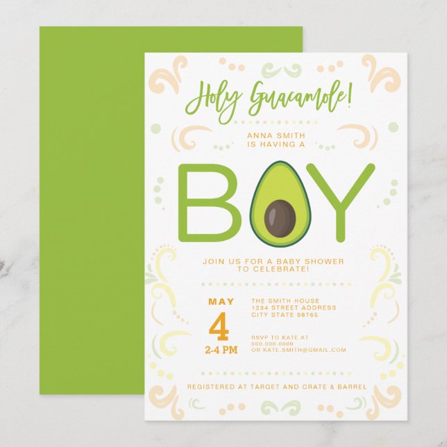 Invitación Fiesta de aguacate Baby Shower Boy Guacamole Taco (Anverso / Reverso)