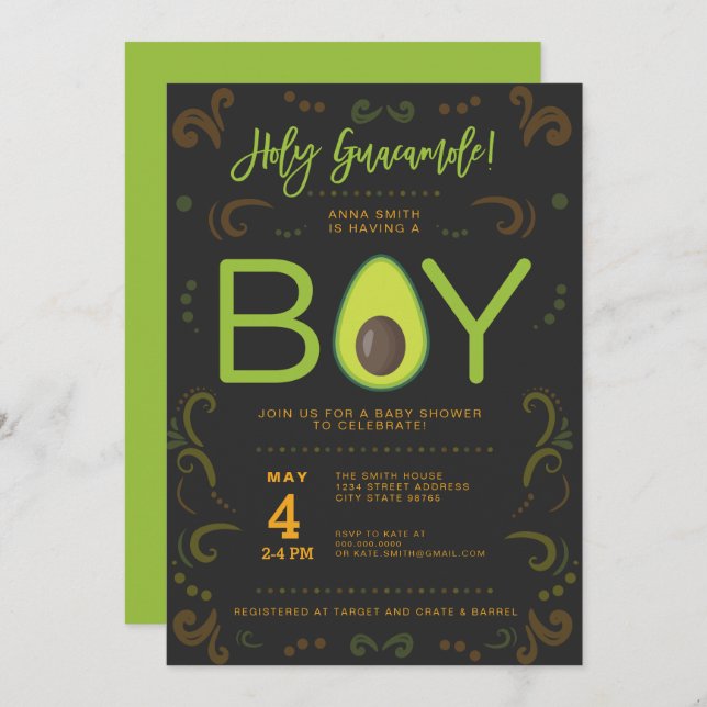 Invitación Fiesta de aguacate Baby Shower Boy Guacamole Taco (Anverso / Reverso)