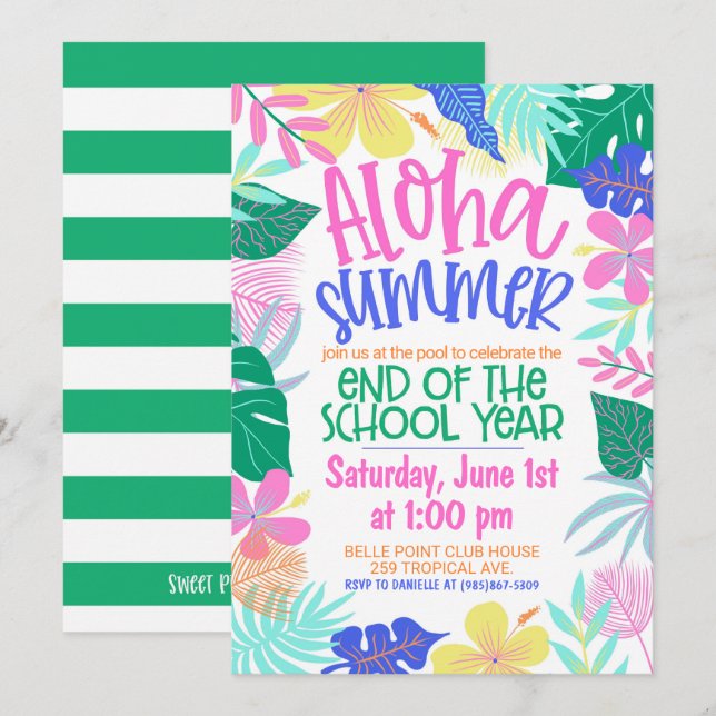 Invitación Fiesta de Aloha de Fin de Año Escolar (Anverso / Reverso)