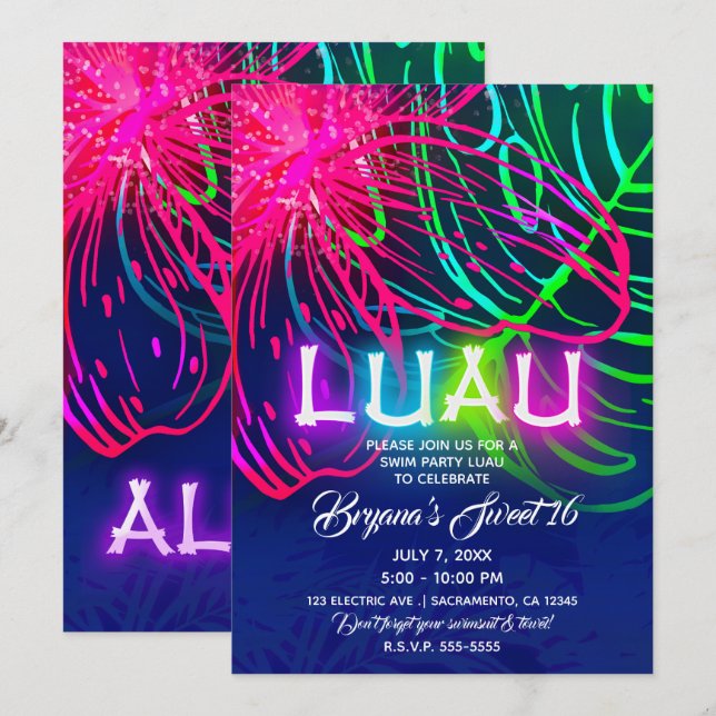 Invitación Fiesta de Aloha Neon Luau Tropical Nocturna Eléctr (Anverso / Reverso)
