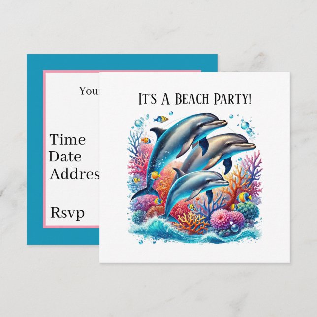 Invitación Fiesta de amantes de delfines lindos  (Anverso / Reverso)