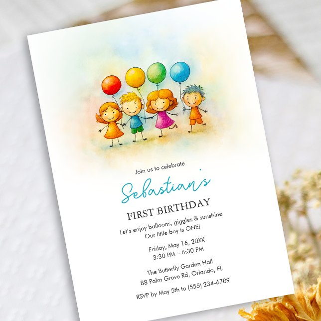 Invitación Fiesta de Amigos Globos - Divertido 1er Cumpleaños (Balloon Buddies Bash – Fun 1st Birthday for boy Invitation)