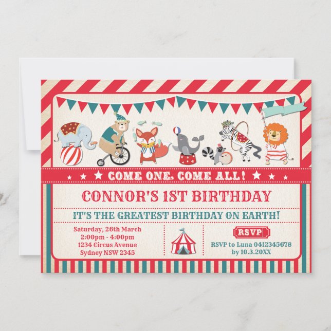 Invitación Fiesta de animaciones de circo de cumpleaños de ca (Anverso)