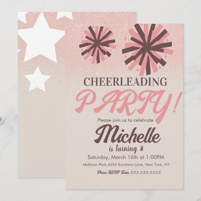 Invitación Fiesta de animadoras Cumpleaños Pink Stars (Anverso / Reverso)