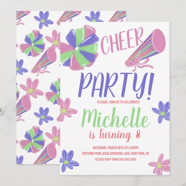 Invitación Fiesta de animadoras de Doodle Cheer Cumpleaños (Anverso / Reverso)