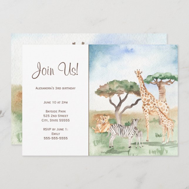 Invitación Fiesta de animales africanos mamá y bebé al estilo (Anverso / Reverso)