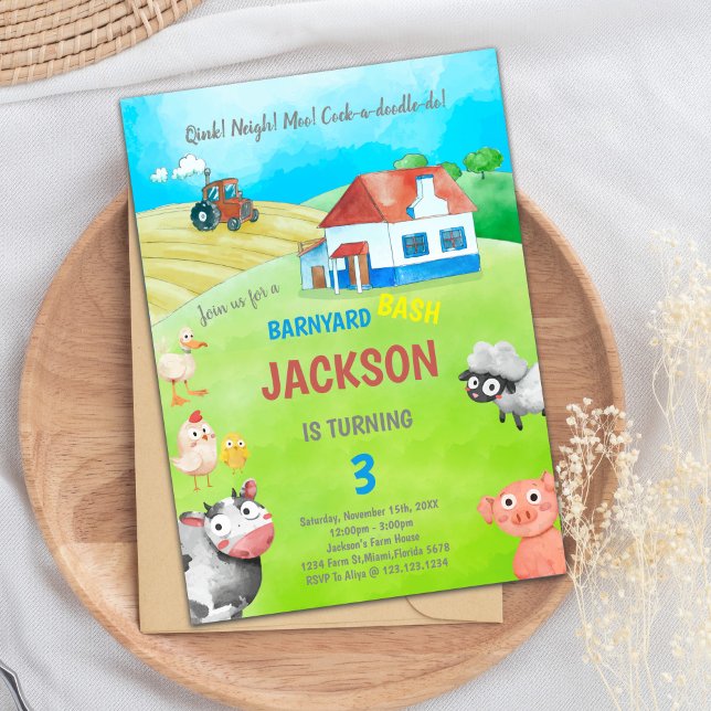 Invitación Fiesta de Animales Barnyard para niños (Green Farm Birthday Invitations)