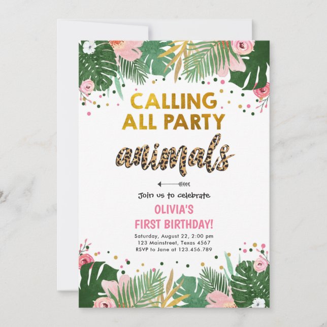 Invitación Fiesta de animales cumpleaños invitan a Chica de l (Anverso)