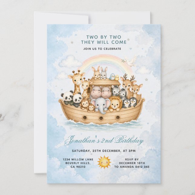 Invitación Fiesta de Animales de Dos en Dos Arca de Noé (Anverso)