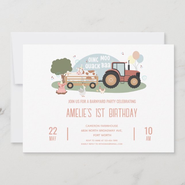 Invitación Fiesta de Animales de Granja Primer Cumpleaños (Anverso)