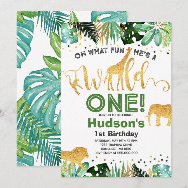 Invitación Fiesta de Animales de la Jungla salvajes de un cum (Anverso / Reverso)