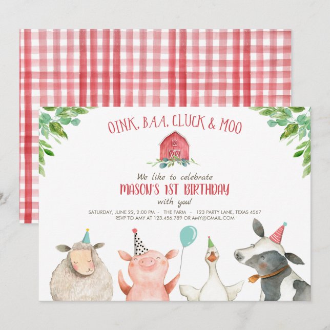 Invitación Fiesta de Animales del Viejo MacDonald Barnyard (Anverso / Reverso)