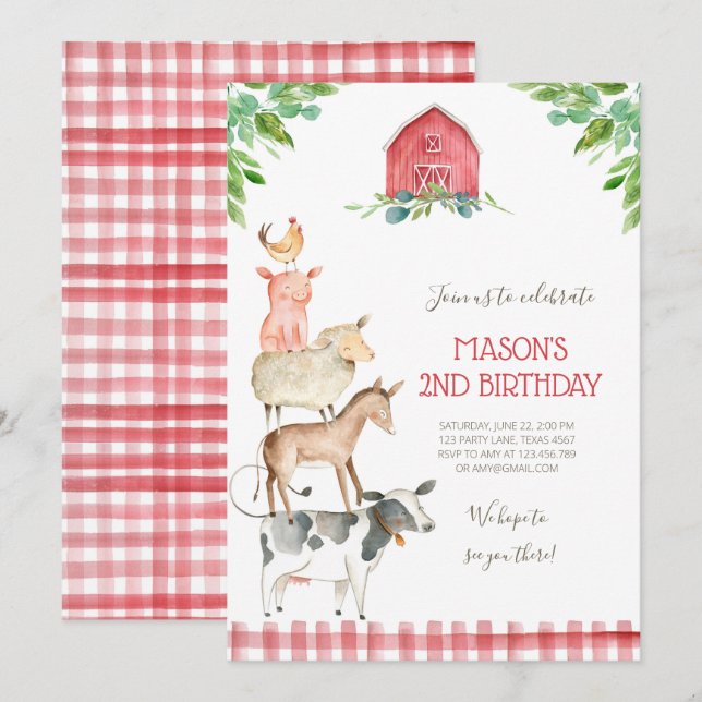 Invitación Fiesta de Animales del Viejo MacDonald Barnyard (Anverso / Reverso)