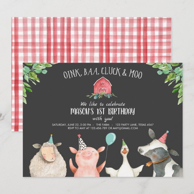 Invitación Fiesta de Animales del Viejo MacDonald Barnyard (Anverso / Reverso)