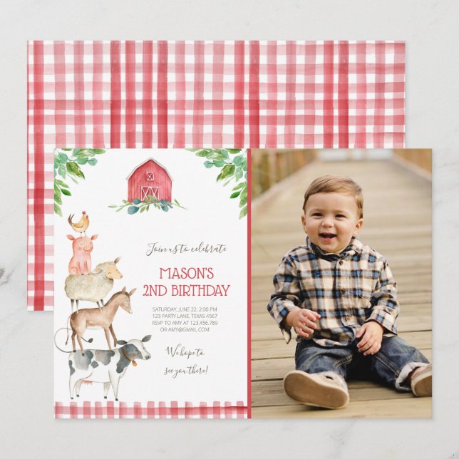Invitación Fiesta de Animales del Viejo MacDonald Barnyard (Anverso / Reverso)