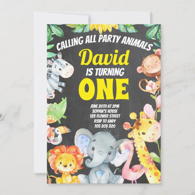 Invitación Fiesta de Animales Niño Cumpleaños Safari Chalkboa (Anverso)