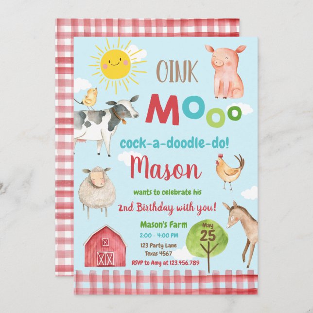 Invitación Fiesta de Animales Rojos de la granja MacDonald Ba (Anverso / Reverso)