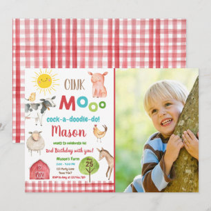 Invitación Fiesta de Animales Rojos de la granja MacDonald Ba