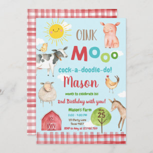 Invitación Fiesta de Animales Rojos MacDonald Barnyard de gra