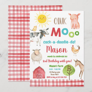 Invitación Fiesta de Animales Rojos MacDonald Barnyard de gra
