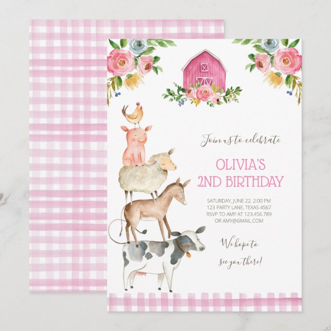 Invitación Fiesta de animales rosados MacDonald Barnyard (Anverso / Reverso)