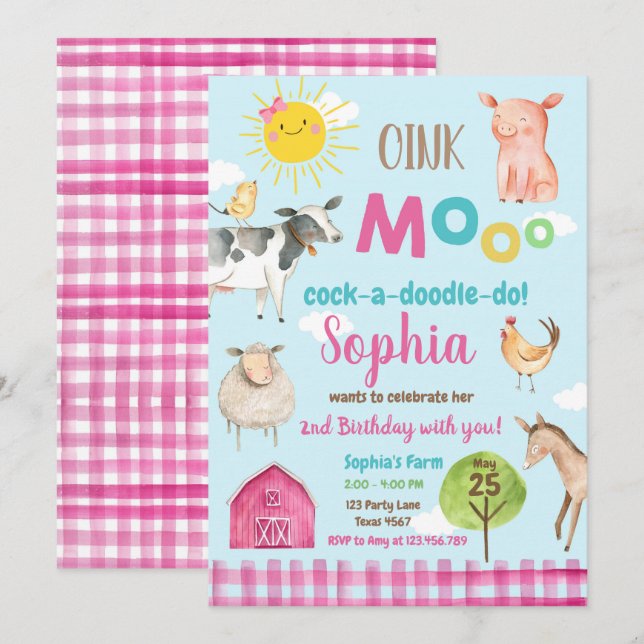 Invitación Fiesta de animales rosados MacDonald Barnyard (Anverso / Reverso)
