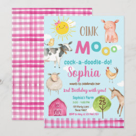 Invitación Fiesta de animales rosados MacDonald Barnyard