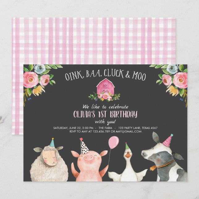 Invitación Fiesta de animales rosados MacDonald Barnyard (Anverso / Reverso)