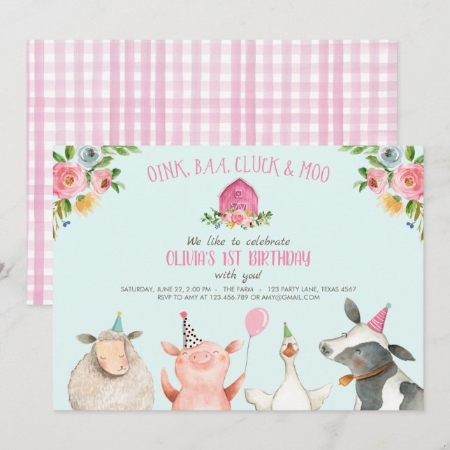 Invitación Fiesta de animales rosados MacDonald Barnyard (Anverso / Reverso)