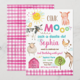 Invitación Fiesta de animales rosados MacDonald Barnyard