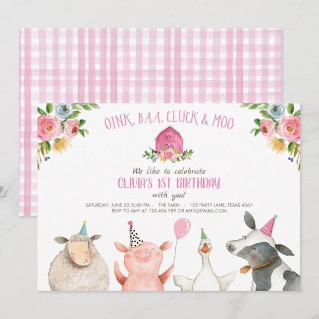 Invitación Fiesta de animales rosados MacDonald Barnyard (Anverso / Reverso)