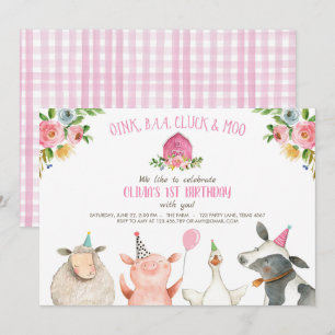 Invitación Fiesta de animales rosados MacDonald Barnyard