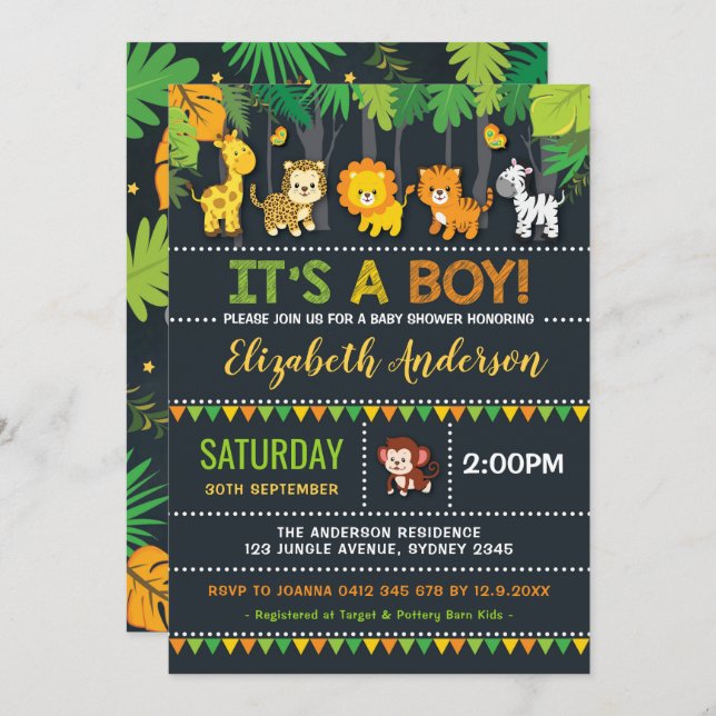 Invitación Fiesta de animales salvajes de Baby Shower de Cute (Anverso / Reverso)