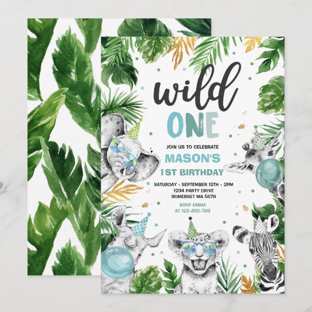 Invitación Fiesta de animales salvajes de la selva de safari  (Anverso / Reverso)
